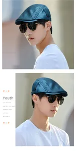 Elegante gorra plana de cuero PU azul para hombre con diseño ajustable y moderno