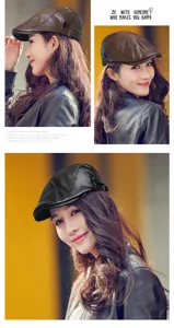 Primer plano de elegantes gorras newsboy de cuero PU en marrón y negro para todos