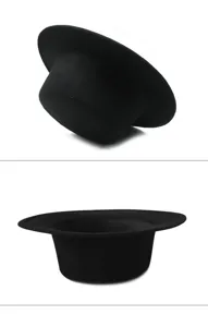 Detail view of a classic black flat top felt hat shown from front and side angles