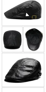 Vistas detalladas de una gorra plana de cuero PU negro con hebilla metálica ajustable