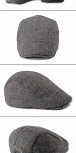 Detailed multi-angle views of a grey herringbone wool flat cap for autumn and winter
