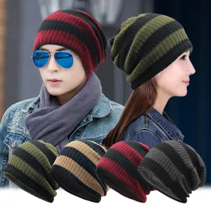 Striped Knit Beanie Hat For Men Women Winter Warm Slouchy Beanie Korean Style Soft Acrylic Blend Striped Hat Casual Wear