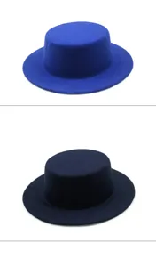 Comparison of royal blue and navy blue vintage wool felt flat top boater hats for autumn