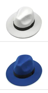 Detailed view of white and royal blue wool-like wide-brimmed retro fedora jazz hats