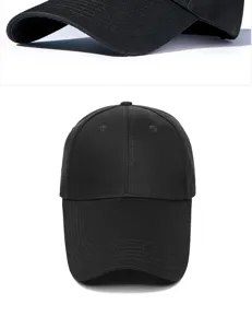 Detailed and front view of a classic black baseball cap with a sun-protective long brim.