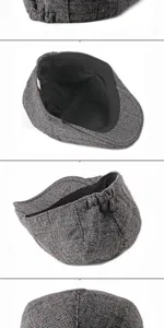 Detailed shots of a grey herringbone newsboy cap showing texture and lining