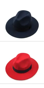 Classic navy blue and vibrant red wool-like fedora hats featuring elegant black ribbons