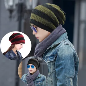 Stylish striped knit beanie for men and women, cozy warm autumn winter street fashion headwear.