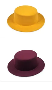 Retro British style flat top wool felt boater hats in yellow and burgundy wine red