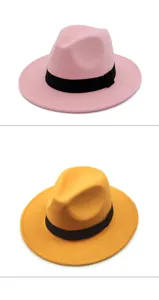 Detailed comparison of pink and mustard yellow classic felt fedora hats with black ribbons.