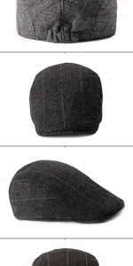 Close-up of dark grey herringbone wool flat cap with subtle red windowpane grid