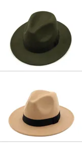Detailed close-up view of olive green and camel fedora hats with elegant black ribbons.