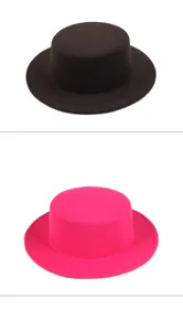 Vintage flat top boater hats in felt material, shown in classic black and magenta.