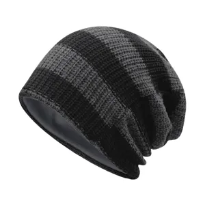 Premium black and gray striped slouchy knit beanie hat for men and women in winter