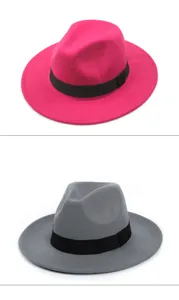 Rose red and grey vintage wide-brimmed felt fedora hats with black bands for autumn