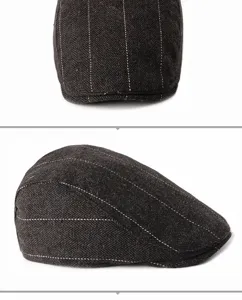 Close-up detail showing texture of herringbone pinstripe woolen flat cap for men