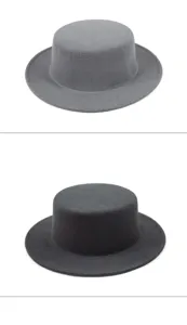 Detail view of vintage flat-top wool felt boater hats in classic black and grey colors