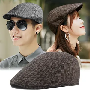 Retro herringbone newsboy hat for men and women, classic winter flat cap in wool blend