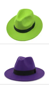 Selection of vibrant neon green and purple retro felt fedora hats with black ribbon bands