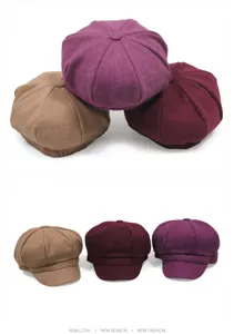 Detailed views of vintage wool octagonal newsboy caps in purple, burgundy and tan colors