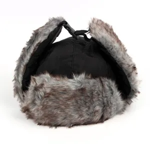 Warm winter trapper hat with faux fur lining and windproof ear flaps for outdoor use.