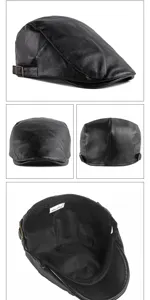 Múltiples vistas de una boina de cuero PU negro con hebilla ajustable y forro interior.