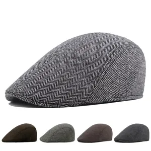 Classic men's retro herringbone woven flat cap in grey and white for autumn and winter
