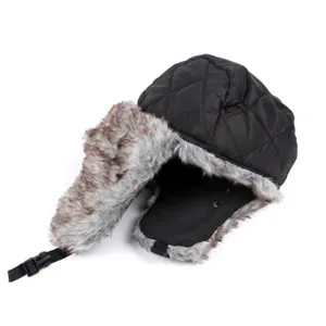Warm black quilted trapper hat with grey faux fur lining and adjustable chin strap