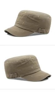Zijaanzicht van vintage gewassen katoenen militaire pet met distressed details