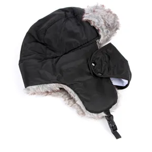 Warm windproof black trapper hat with grey faux fur lining and removable face mask protection