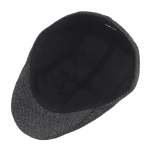 Classic grey herringbone newsboy flat cap for men featuring a comfortable inner lining