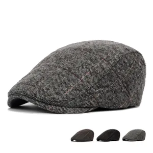 Men's British Vintage Herringbone Wool Blend Newsboy Cap Winter Warm Adjustable Flat Beret Hat For Middle-Aged Elder Daily