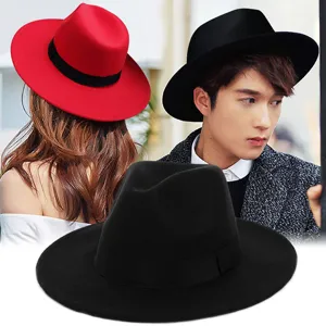Vintage British Style Wide Brim Fedora Hat Unisex Autumn Winter Warm Polyester Felt Jazz Panama Hat with Decorative Band