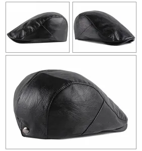 Vista detallada de una gorra de cuero PU negro que muestra la textura y el broche