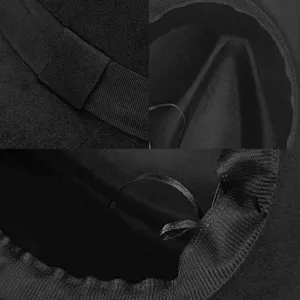 Detailed macro shots of black wide-brim felt fedora hat showcasing interior lining.