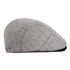 Classic grey herringbone wool flat cap for men featuring a vintage British style with side button