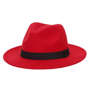 Classic red wool felt fedora hat with black ribbon band, unisex retro style jazz hat.