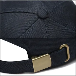 Detail views showing the fine stitching and adjustable metal buckle of a navy baseball cap