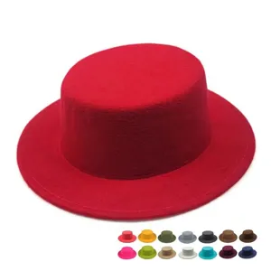 Classic red flat top wool felt boater hat for men and women available in multiple colors