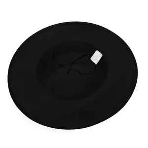 Vintage black flat top wide brim fedora hat shown with interior care label details