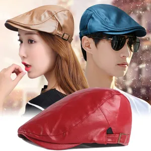 Boina de cuero PU unisex, accesorio elegante para otoño e invierno al aire libre.