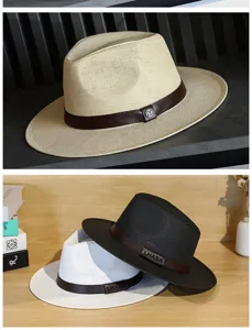 Dettaglio di eleganti cappelli di paglia Panama da uomo con una fascia decorativa in pelle.