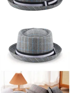 Detailed views of a vintage grey plaid fedora hat featuring a stylish striped band