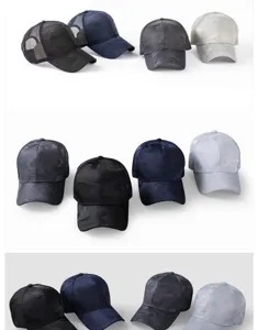 Detalle de varias gorras de béisbol de camuflaje en diferentes colores y estilos