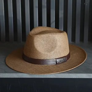 Cappello di Paglia Panama da Uomo Estivo a Falda Larga Parasole da Spiaggia Fedora da Gentiluomo Con Fibbia in Pelle Decorativa