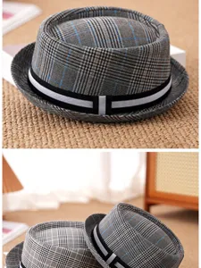 Detail view showing gray checkered pattern and striped ribbon of a retro trilby hat