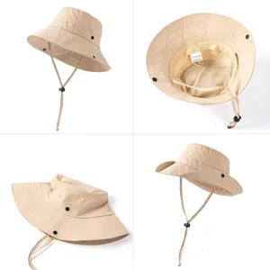 Cappello da sole beige traspirante da uomo con tesa larga e sottogola regolabile