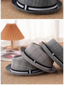 Close-up detail and lifestyle arrangement of vintage British plaid fedora hats for men