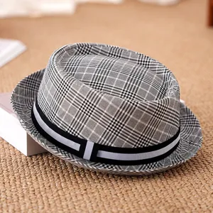 Classic plaid fedora hat in British retro style with short brim for men and women