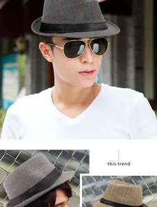 Dettaglio del cappello fedora a quadri in stile britannico per il tempo libero all'aperto